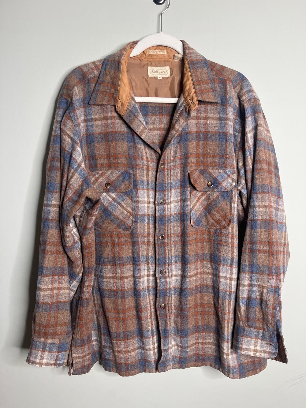 Ballymoor Vintage 70s Wool Blend Plaid Long Sleeve  Button Up Brown Blue XL
